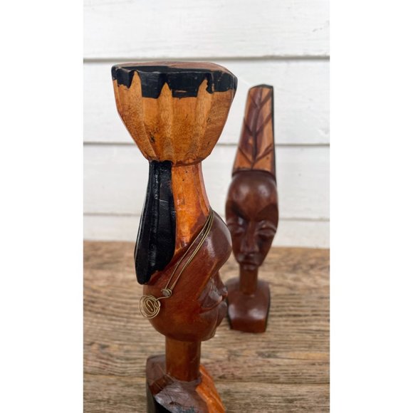 Vintage MCM African Carved Wood Head Busts Woman Man Wire Jewelry - Picture 3 of 15